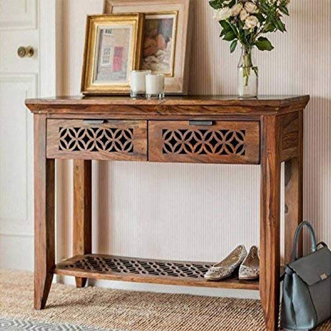 GoRevizon Wooden Console Table for Living Room with 2 Drawers & Shelf Storage | Sheesham Wood ...